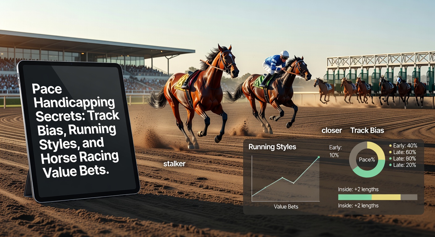 Pferderennen auf einer ovalen Bahn mit Fokus auf führende Pferde im frühen Tempo